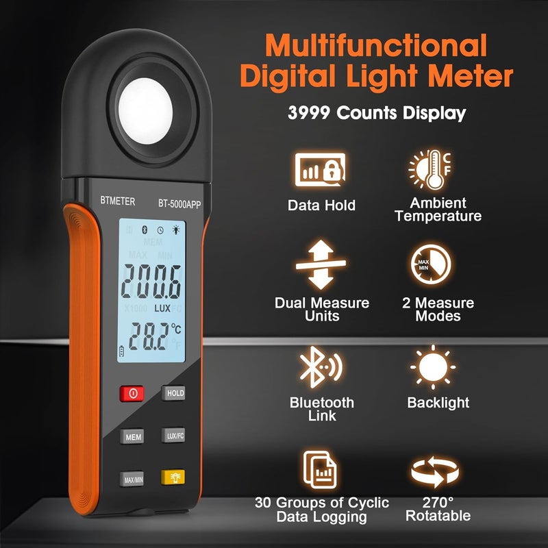 BTMETER Illuminance Light Meter w/Bluetooth - Digital Lumen Tester Measure Lighting Level Intensity 1~400,000 Lux(Foot Candle 1~37,160) Luxometer with 270º Rotated Sensor Data Logging for Plants Grow - Image 2